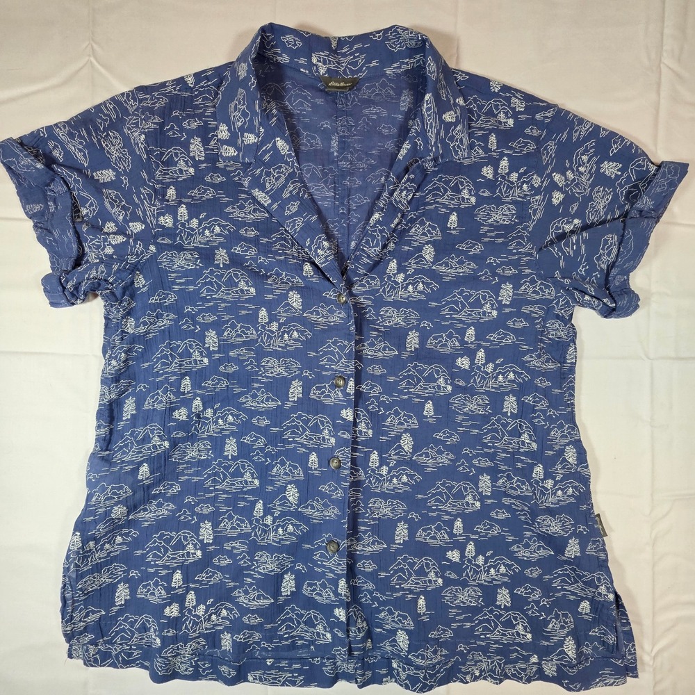 Eddie Bauer Womens Blue Mountain Forest Print Short Sleeve Button Down Shirt M